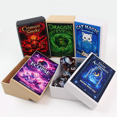 Zestaw malinowych kości wielościennych Cat Magic z brokatem i wzorem w urocze koty.