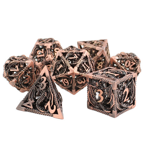 Metalowe ażurowe kości RPG z motywem smoków w kolorze oksydowanej miedzi | Kości Metalowe Dragon's Breath Hollow Lume Design