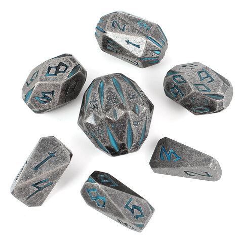 Zestaw ciężkich metalowych kości RPG Ancient Monolith Stonehenge świecące niebieskie runy