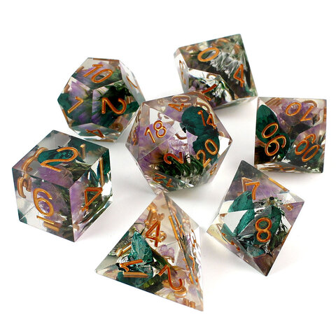 Zestaw kości RPG Witch's Herbarium z przezroczystej żywicy z suszonymi kwiatami