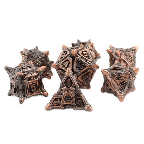 Metalowe kości RPG z motywem twarzy Orków i kolcami w kolorze miedzi | Kości Metalowe Orc Warband Lume Design