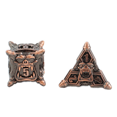Metalowe kości RPG z motywem twarzy Orków i kolcami w kolorze miedzi | Kości Metalowe Orc Warband Lume Design