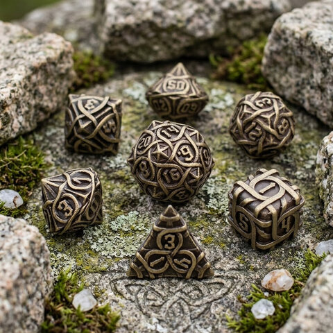 Metalowe kości RPG z rzeźbionymi wzorami celtyckich węzłów w kolorze antycznego brązu | Kości Metalowe Celtic Ancient Knots Lume Design
