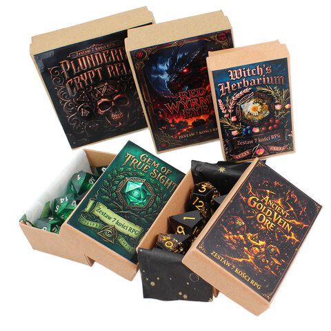 Zestaw 7 kości RPG z żywicy dymno-czerwonej z zatopionym złotym pierścieniem z elfią inskrypcją | Kości Żywiczne Elven Ring of Power Lume Design