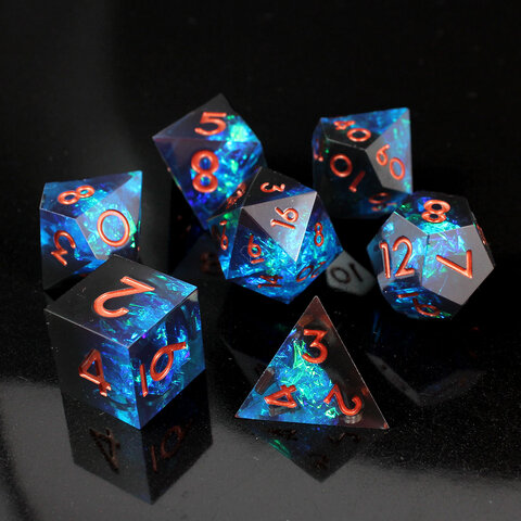 Zestaw kości RPG Celestial Shard z holograficznym blaskiem i miedzianymi cyframi