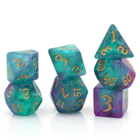 Zestaw kości RPG Aurora Dreams turkusowo-fioletowe z brokatem