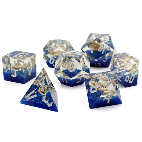 Zestaw kości RPG Sharp Edge Cosmic Orbit z planetami w środku Zestaw kości RPG Sharp Edge Cosmic Orbit z planetami w środku
