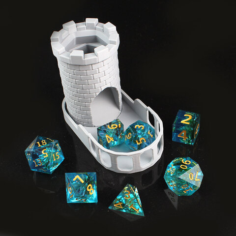 Zestaw 7 kości RPG z turkusowej żywicy o ostrych krawędziach z zatopionymi roślinami | Kości Żywiczne Sunken Garden Lume Design
