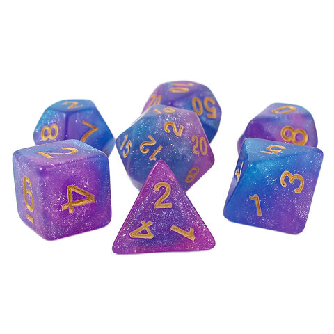 Zestaw brokatowych kości RPG Astro Dust w kolorach niebieskim i fioletowym ze złotymi cyframi.