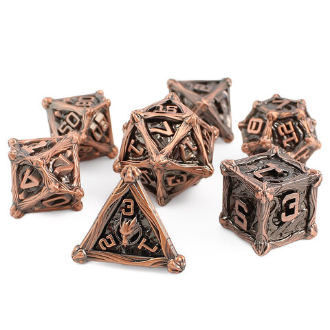 Zestaw 7 metalowych kości RPG w kolorze oksydowanej miedzi z rzeźbieniami | Metalowe Kości Ancient Copper Dragon