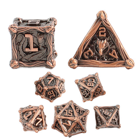 Zestaw 7 metalowych kości RPG w kolorze oksydowanej miedzi z rzeźbieniami | Metalowe Kości Ancient Copper Dragon