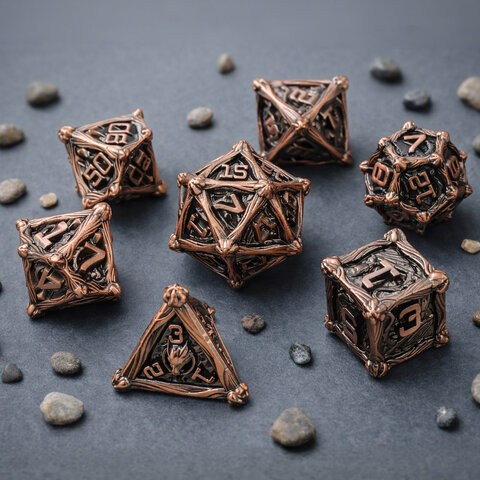 Zestaw 7 metalowych kości RPG w kolorze oksydowanej miedzi z rzeźbieniami | Metalowe Kości Ancient Copper Dragon