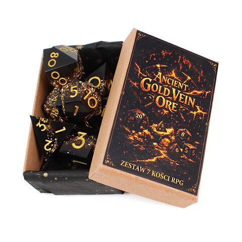 Zestaw kości RPG Ancient Gold Vein Ore czarne ze złotymi drobinkami ostre krawędzie