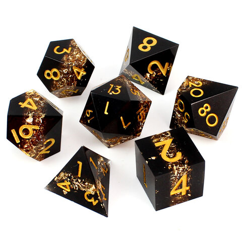 Zestaw kości RPG Ancient Gold Vein Ore czarne ze złotymi drobinkami ostre krawędzieZestaw kości RPG Ancient Gold Vein Ore czarne ze złotymi drobinkami ostre krawędzie