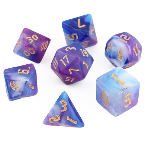Zestaw 7 akrylowych kości RPG o zaokrąglonych krawędziach ze wzorem dymu w odcieniach fioletu, błękitu i bieli | Akrylowe Kości Twilight Mist Lume Design