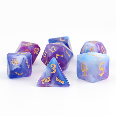 Zestaw 7 akrylowych kości RPG o zaokrąglonych krawędziach ze wzorem dymu w odcieniach fioletu, błękitu i bieli | Akrylowe Kości Twilight Mist Lume Design