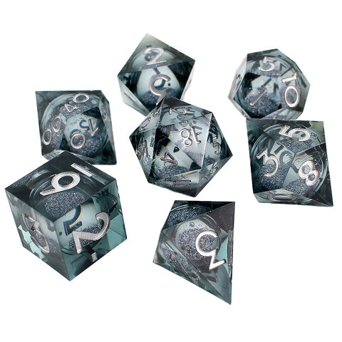 Zestaw 7 kości RPG Liquid Core ze srebrnym brokatem i ostrymi krawędziami | Kości RPG Shadow Quicksilver