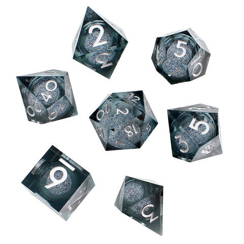 Zestaw 7 kości RPG Liquid Core ze srebrnym brokatem i ostrymi krawędziami | Kości RPG Shadow Quicksilver