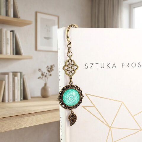 Zakładka do książki z antycznego brązu o falistym trzonie, z ozdobnym koralikiem i uspokajającą, turkusową mandalą pod szklanym kaboszonem.Zakładka do książki z antycznego brązu o falistym trzonie, z ozdobnym koralikiem i uspokajającą, turkusową mandalą p Zakładka do książki z antycznego brązu o falistym trzonie, z ozdobnym koralikiem i uspokajającą, turkusową mandalą pod szklanym kaboszonem.Zakładka do książki z antycznego brązu o falistym trzonie, z ozdobnym koralikiem i uspokajającą, turkusową mandalą p