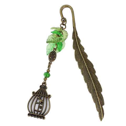 Zakładka do książki z antycznego brązu z zawieszką w kształcie ptaszka w klatce, akrylowymi listkami i szklanym koralikiem.