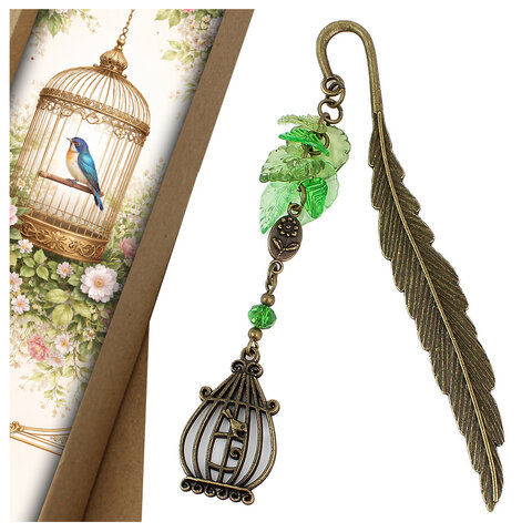 Zakładka do książki z antycznego brązu z zawieszką w kształcie ptaszka w klatce, akrylowymi listkami i szklanym koralikiem.