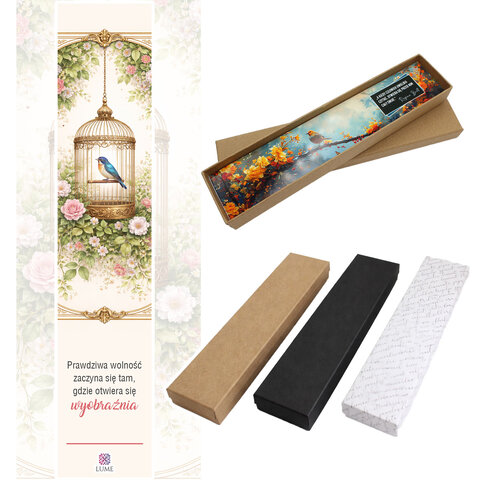 Zakładka do książki z antycznego brązu z zawieszką w kształcie ptaszka w klatce, akrylowymi listkami i szklanym koralikiem.