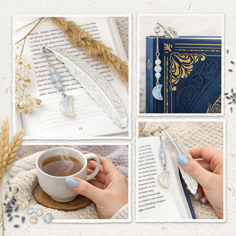 Subtelna metalowa zakładka do książki w formie piórka, zdobiona wiszącą zawieszką z opalitu w kształcie księżyca, umieszczona w pudełku prezentowym. Subtelna metalowa zakładka do książki w formie piórka, zdobiona wiszącą zawieszką z opalitu w kształcie księżyca, umieszczona w pudełku prezentowym.