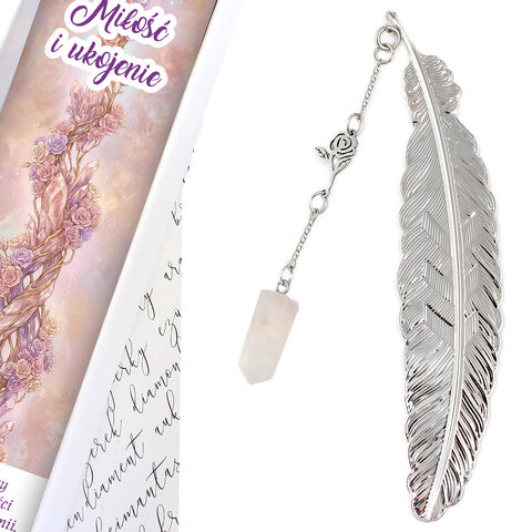 Cienka srebrna zakładka do książki piórko z zawieszką z kwarcu różowego i stalową różą, w ozdobnym pudełku prezentowym.