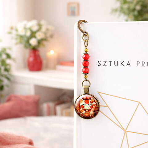 Zakładka do książki z antycznego brązu w kształcie pióra, z czerwonymi kryształkami i grafiką radosnego kota Maneki Neko pod szklanym kaboszonem