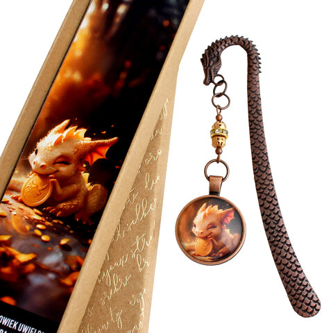 Zakładka do książki ze smokiem i złotą monetą fantasy magiczna