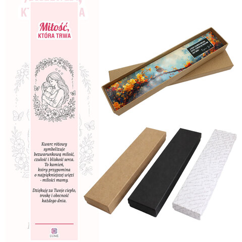 Srebrna zakładka do książki pióro z kwarcem różowym i stalowym łącznikiem przedstawiającym mamę z dzieckiem, zapakowana w pudełko prezentowe. Srebrna zakładka do książki pióro z kwarcem różowym i stalowym łącznikiem przedstawiającym mamę z dzieckiem, zapakowana w pudełko prezentowe.