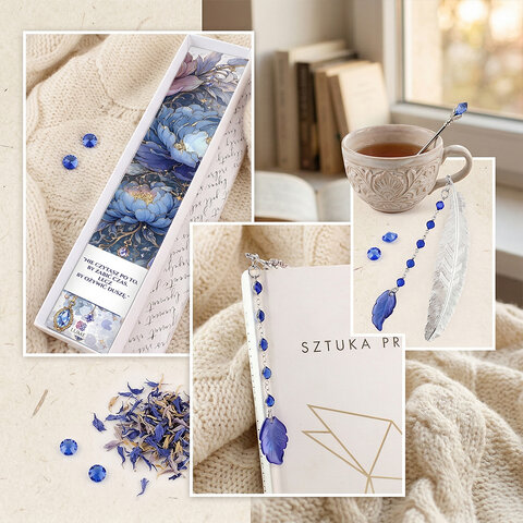 Cienka i lekka metalowa zakładka do książki w kształcie pióra, zdobiona wiszącą zawieszką z szafirowych szklanych kryształków i niebieskiego akrylowego listka, w ozdobnym pudełku. Cienka i lekka metalowa zakładka do książki w kształcie pióra, zdobiona wiszącą zawieszką z szafirowych szklanych kryształków i niebieskiego akrylowego listka, w ozdobnym pudełku.