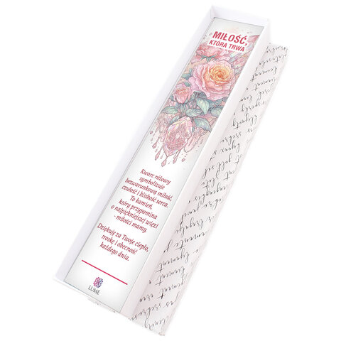 Delikatna metalowa zakładka do książki piórko z różowym kwarcem i symbolem mamy z dzieckiem, prezent na Dzień Mamy w białym pudełku.