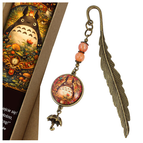 Zakładka do książki z antycznego brązu z motywem w kształcie sowy, małym listkiem i uroczym Duchem Lasu Totoro z parasolką pod szkłem.