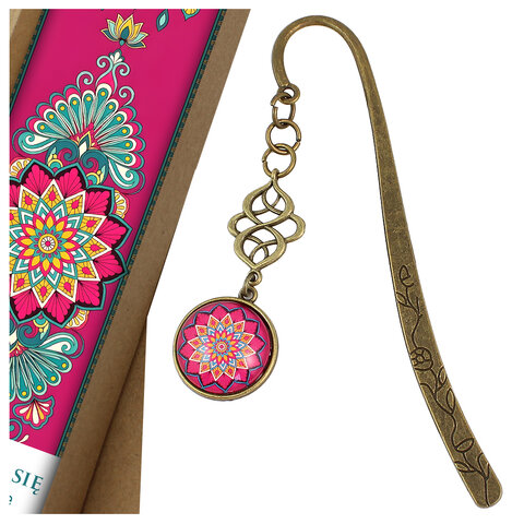 Zakładka do książki z antycznego brązu z niebieskimi koralikami i wielobarwną, harmonijną mandalą pod wypukłym szkiełkiem.