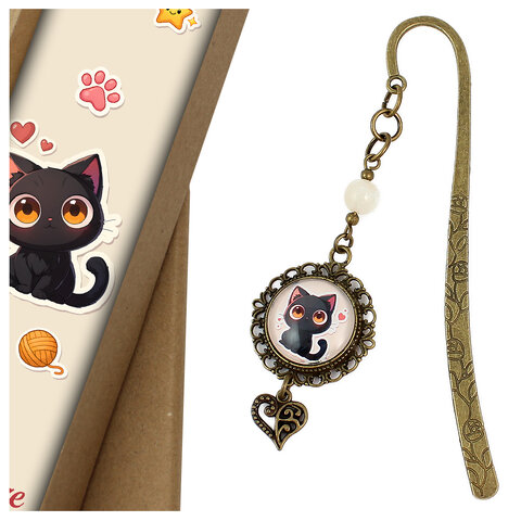 Zakładka do książki z antycznego brązu z motywem słońca i gwiazd, turkusowymi kryształkami i ilustracją czarnego kota na tle księżyca