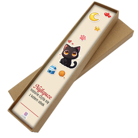 Zakładka do książki z antycznego brązu z motywem słońca i gwiazd, turkusowymi kryształkami i ilustracją czarnego kota na tle księżyca Zakładka do książki z antycznego brązu z motywem słońca i gwiazd, turkusowymi kryształkami i ilustracją czarnego kota na tle księżyca