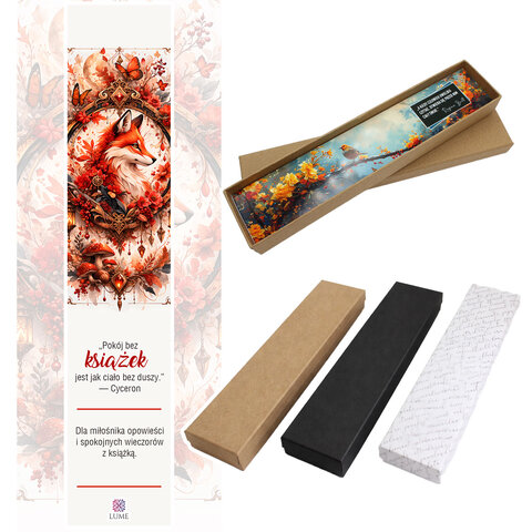 Metalowa zakładka do książki w kształcie ozdobnego lisa w kolorze antycznego brązu z jaspisem cesarskim i grafiką lisa pod szkłem.