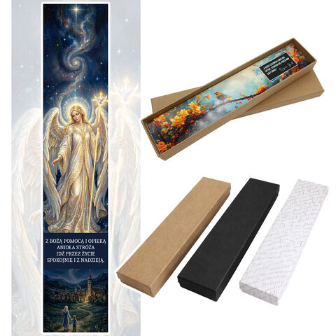 Chrześcijańska zakładka do książki z grafiką Anioła Stróża pod szkiełkiem, antyczne srebro, prezent na komunię świętą w pudełku.