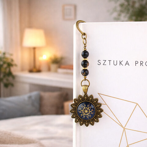 Zakładka do książki z antycznego brązu w kształcie pióra, z ozdobnymi koralikami oraz słoneczną, złotą mandalą na granatowym tle w oprawie z płatków.