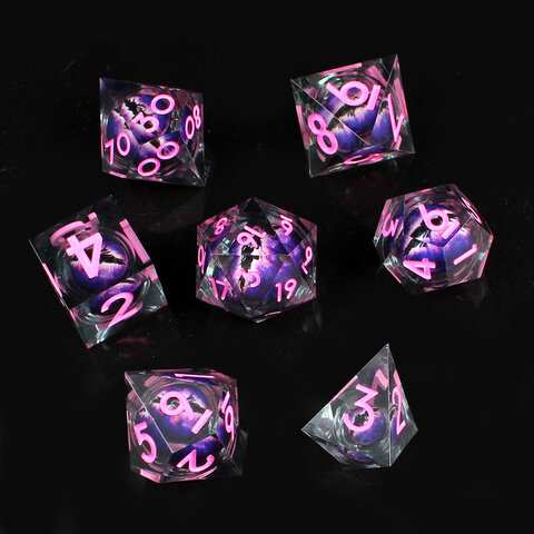 Zestaw 7 kości RPG z żywicy z ostrymi krawędziami imitujący kosmos z błękitnym płynnym wnętrzem i fioletowymi smugami | Kości Liquid Core Astral Nebula Lume Design Zestaw 7 kości RPG z żywicy z ostrymi krawędziami imitujący kosmos z błękitnym płynnym wnętrzem i fioletowymi smugami | Kości Liquid Core Astral Nebula Lume Design