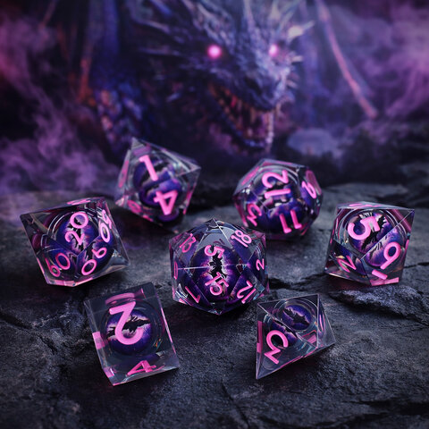 Zestaw 7 kości RPG z żywicy z ostrymi krawędziami imitujący kosmos z błękitnym płynnym wnętrzem i fioletowymi smugami | Kości Liquid Core Astral Nebula Lume Design Zestaw 7 kości RPG z żywicy z ostrymi krawędziami imitujący kosmos z błękitnym płynnym wnętrzem i fioletowymi smugami | Kości Liquid Core Astral Nebula Lume Design