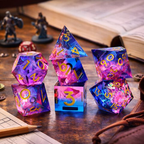 Zestaw kości wielościennych RPG pryzmatyczne różowo niebieskie ostre DnD