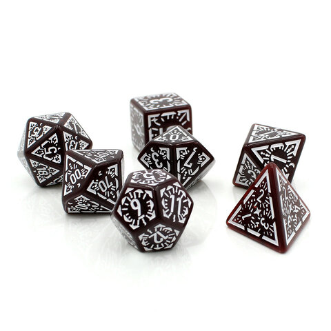 Zestaw kości wielościennych RPG bordowe runiczne zaokrąglone DnD