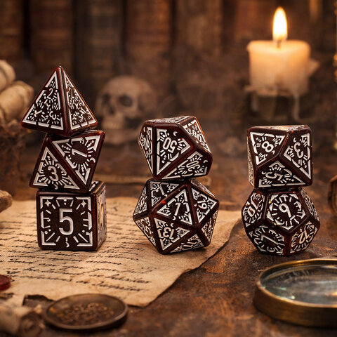 Zestaw kości wielościennych RPG bordowe runiczne zaokrąglone DnD