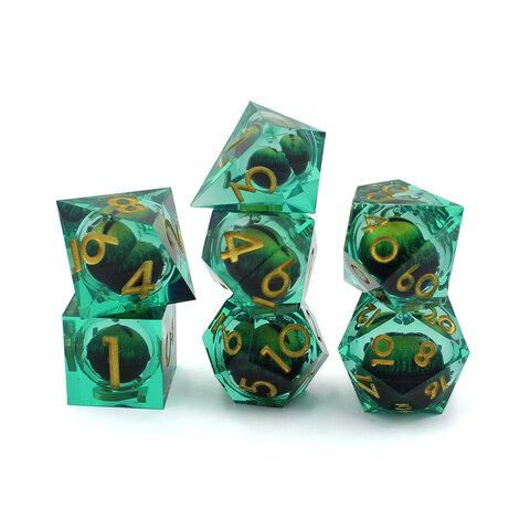 Kości RPG liquid core zielone z okiem – zestaw wielościenny do DnD
