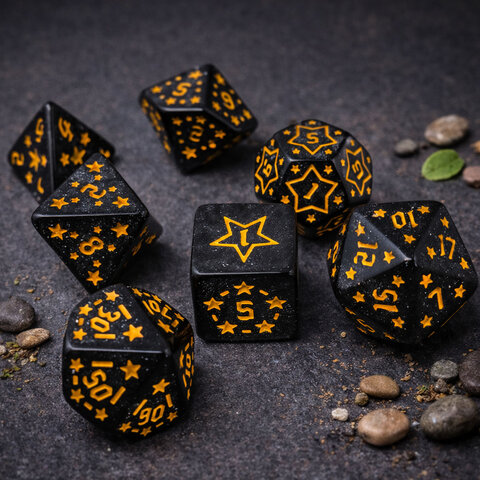 Zestaw kości RPG Midnight Stars czarne w żółte gwiazdki